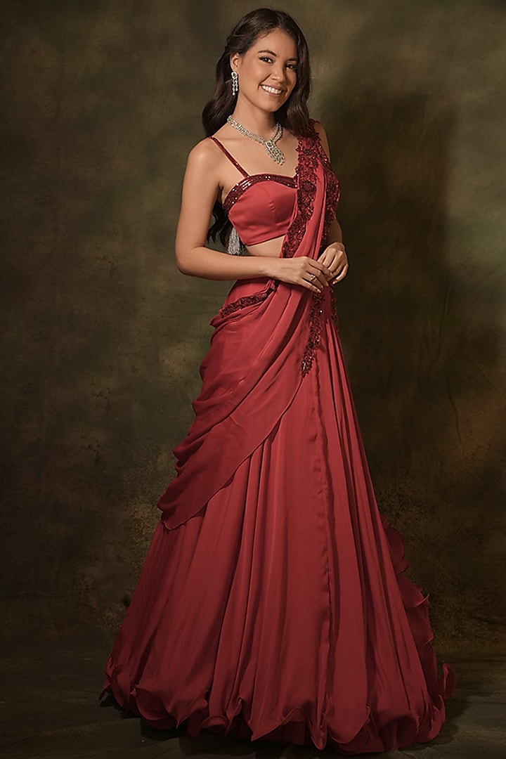 Red Chiffon Draped Lehenga Saree Set by Archana Kochhar