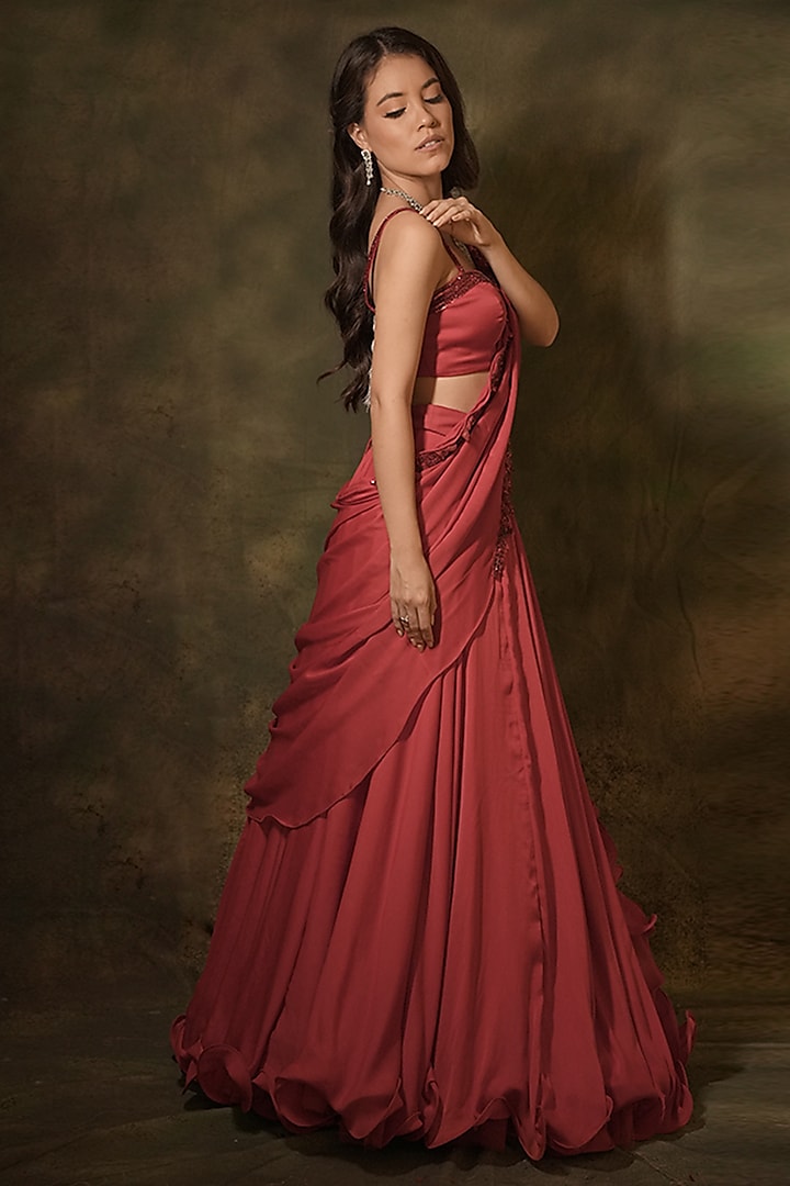 Red Chiffon Draped Wedding Lehenga Saree Set by Archana Kochhar at Pernia's Pop Up Shop
