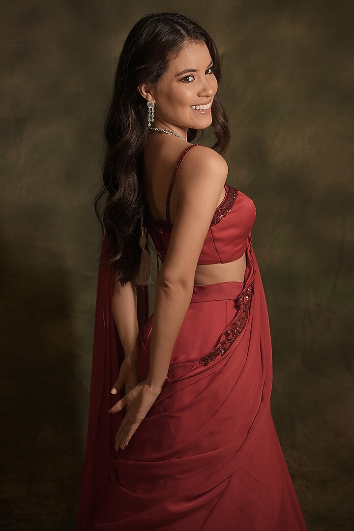 Red Chiffon Draped Wedding Lehenga Saree Set by Archana Kochhar at Pernia's Pop Up Shop