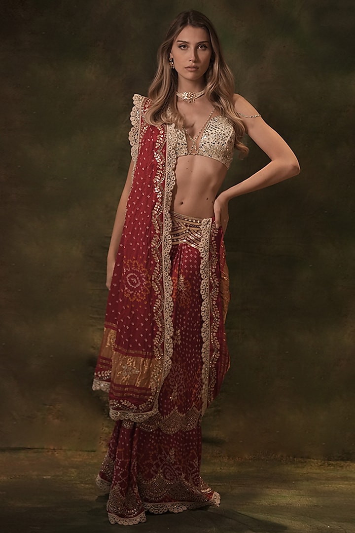 Red Bandhani Zardosi Embroidered Wedding Lehenga Set by Archana Kochhar at Pernia's Pop Up Shop