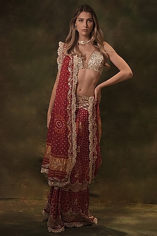 Red Bandhani Zardosi Embroidered Lehenga Set by Archana Kochhar