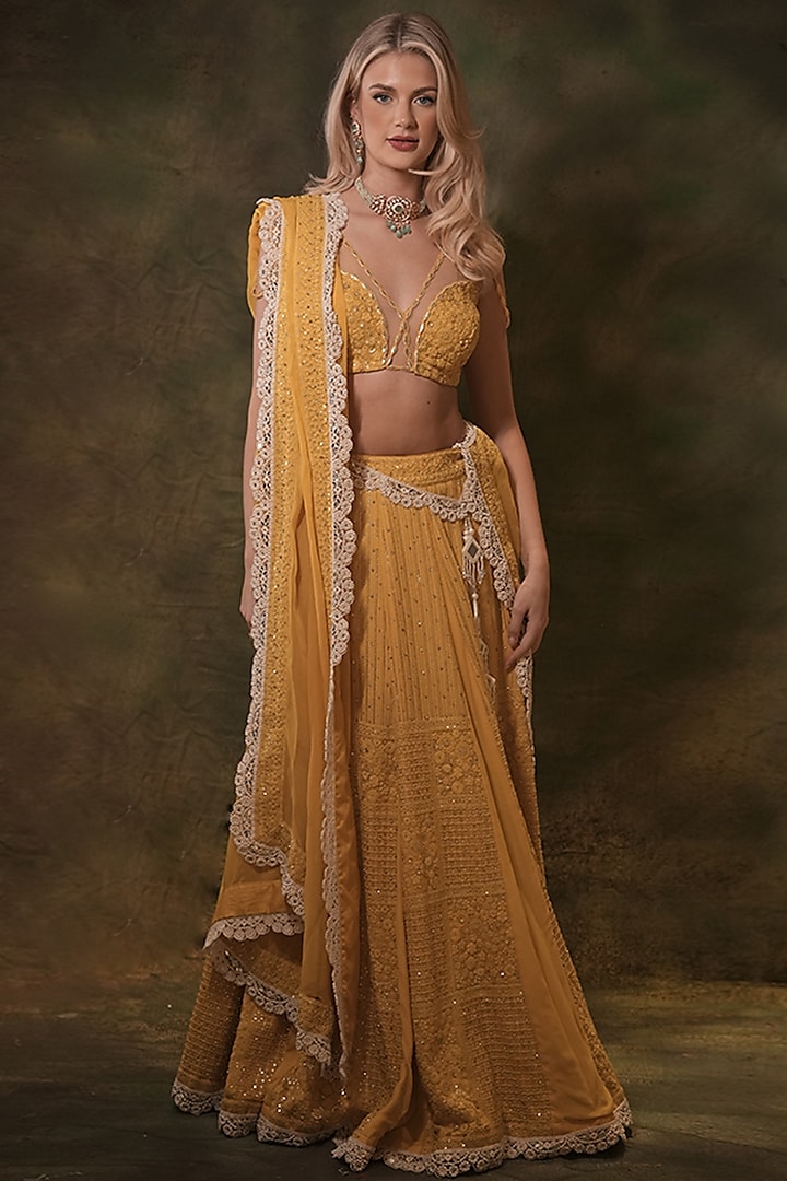 Yellow Lucknowi Georgette Pearl Embellished Lehenga Set by Archana Kochhar