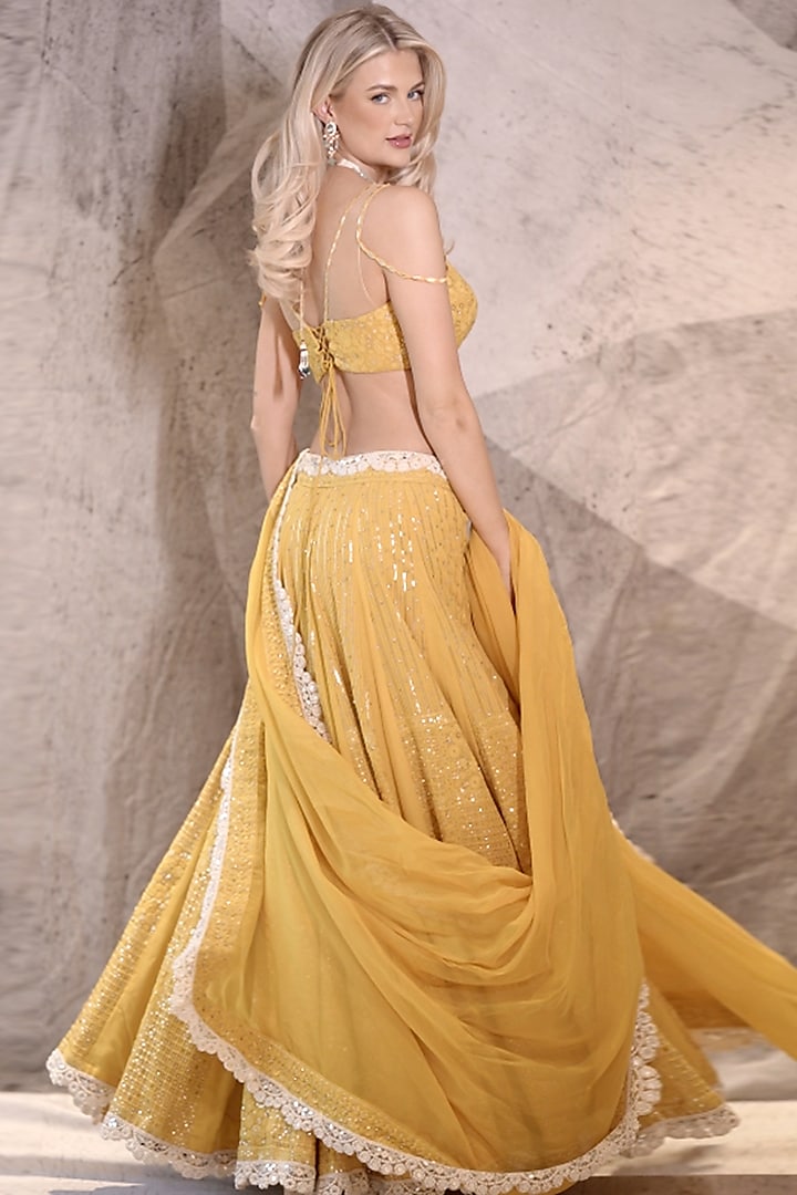 Yellow Lucknowi Georgette Pearl Embellished Wedding Lehenga Set by Archana Kochhar at Pernia's Pop Up Shop