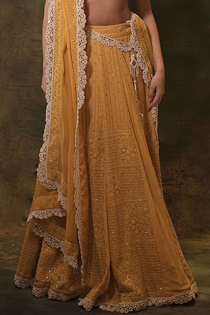 Yellow Lucknowi Georgette Pearl Embellished Wedding Lehenga Set by Archana Kochhar at Pernia's Pop Up Shop
