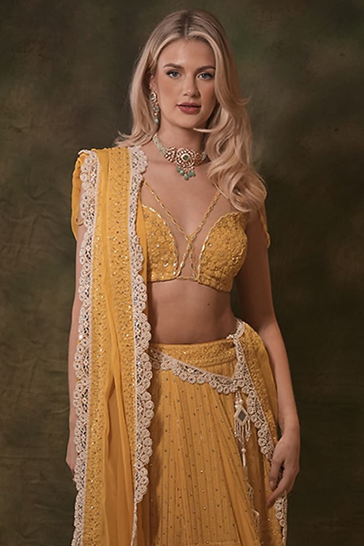 Yellow Lucknowi Georgette Pearl Embellished Wedding Lehenga Set by Archana Kochhar at Pernia's Pop Up Shop