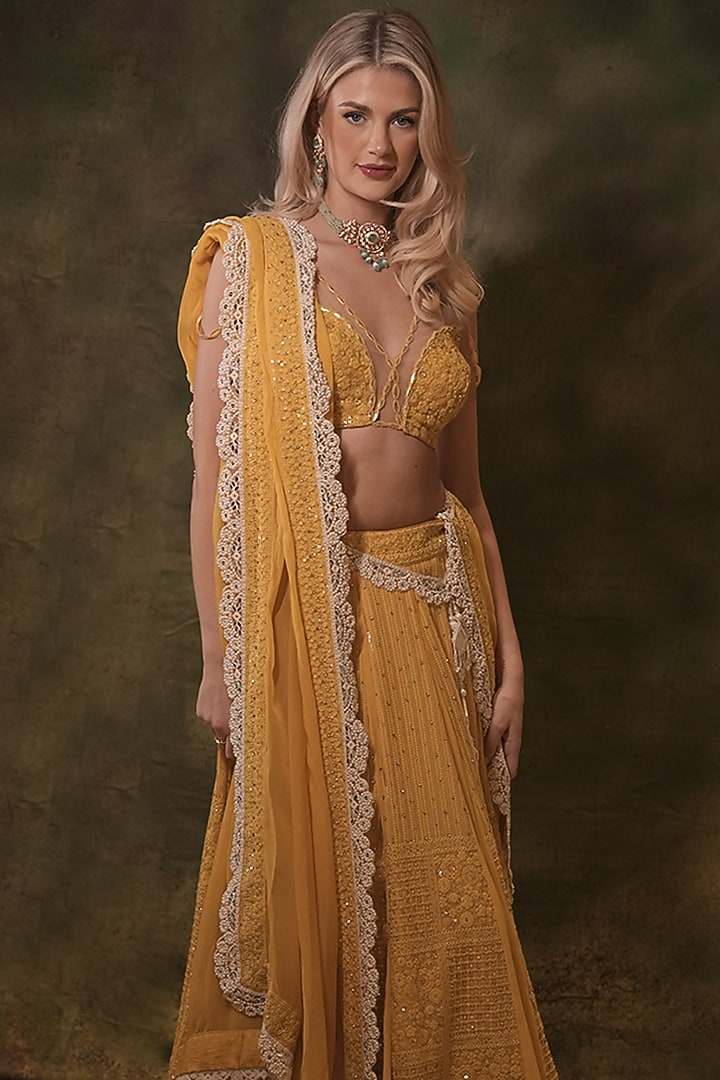 Yellow Lucknowi Georgette Pearl Embellished Wedding Lehenga Set by Archana Kochhar at Pernia's Pop Up Shop