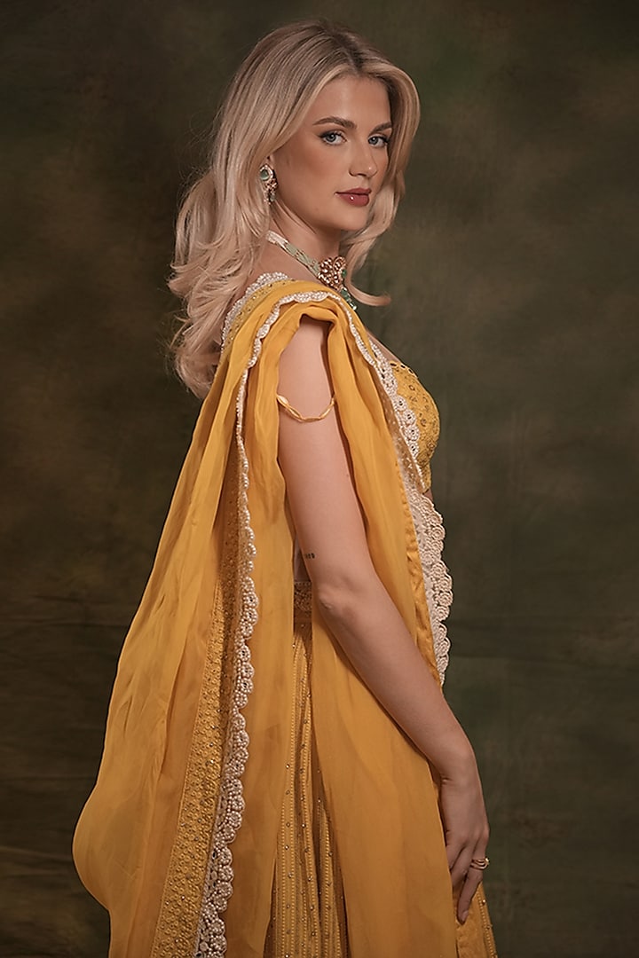 Yellow Lucknowi Georgette Pearl Embellished Wedding Lehenga Set by Archana Kochhar at Pernia's Pop Up Shop