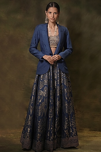 Blue Silk Gota Embellished Jacket Wedding Lehenga Set by Archana Kochhar at Pernia's Pop Up Shop