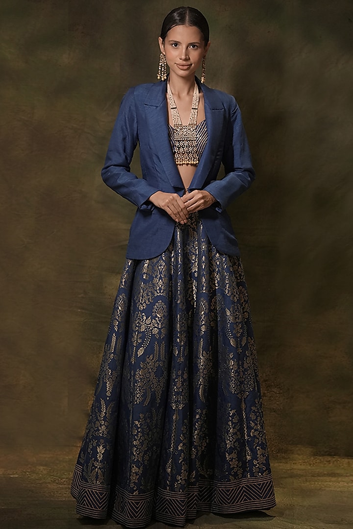 Blue Silk Gota Embellished Jacket Lehenga Set by Archana Kochhar
