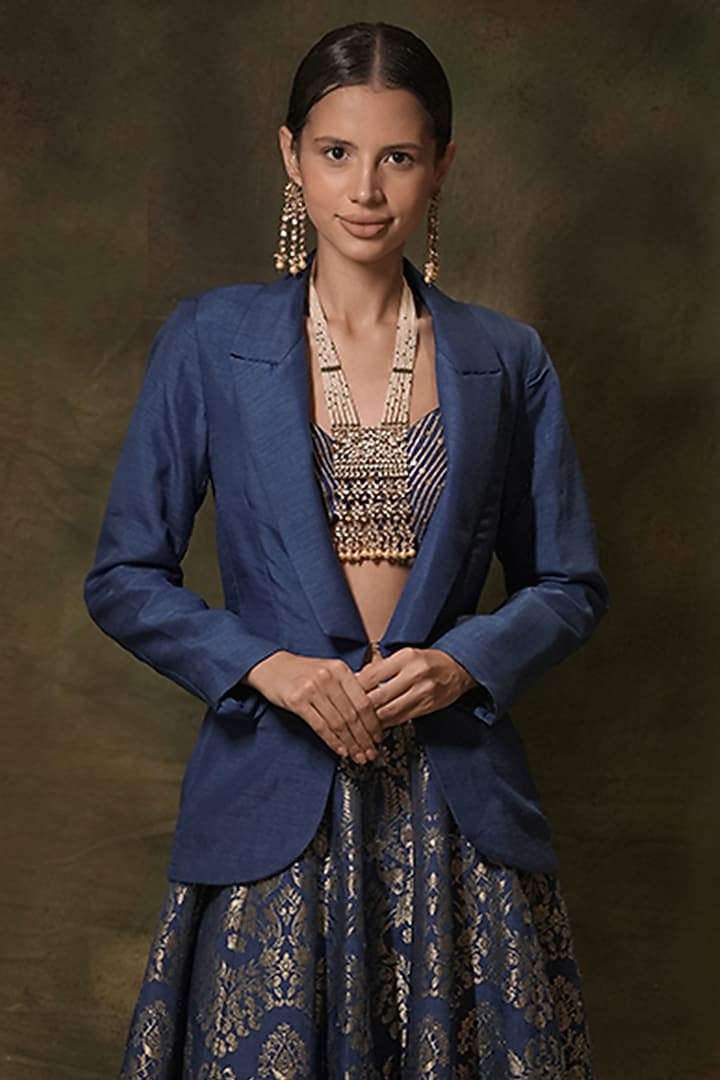 Blue Silk Gota Embellished Jacket Wedding Lehenga Set by Archana Kochhar at Pernia's Pop Up Shop