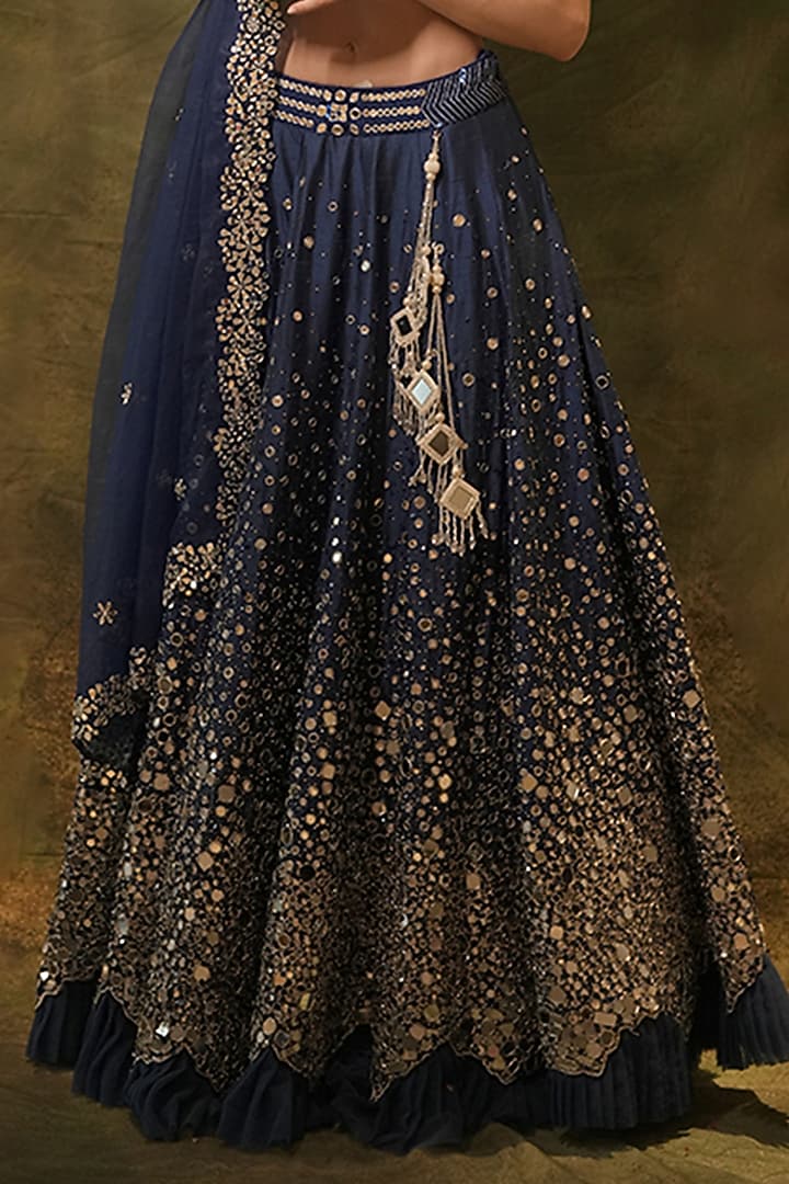 Blue Raw SIlk Mirror Hand Embroidered Bridal Lehenga Set by Archana Kochhar at Pernia's Pop Up Shop