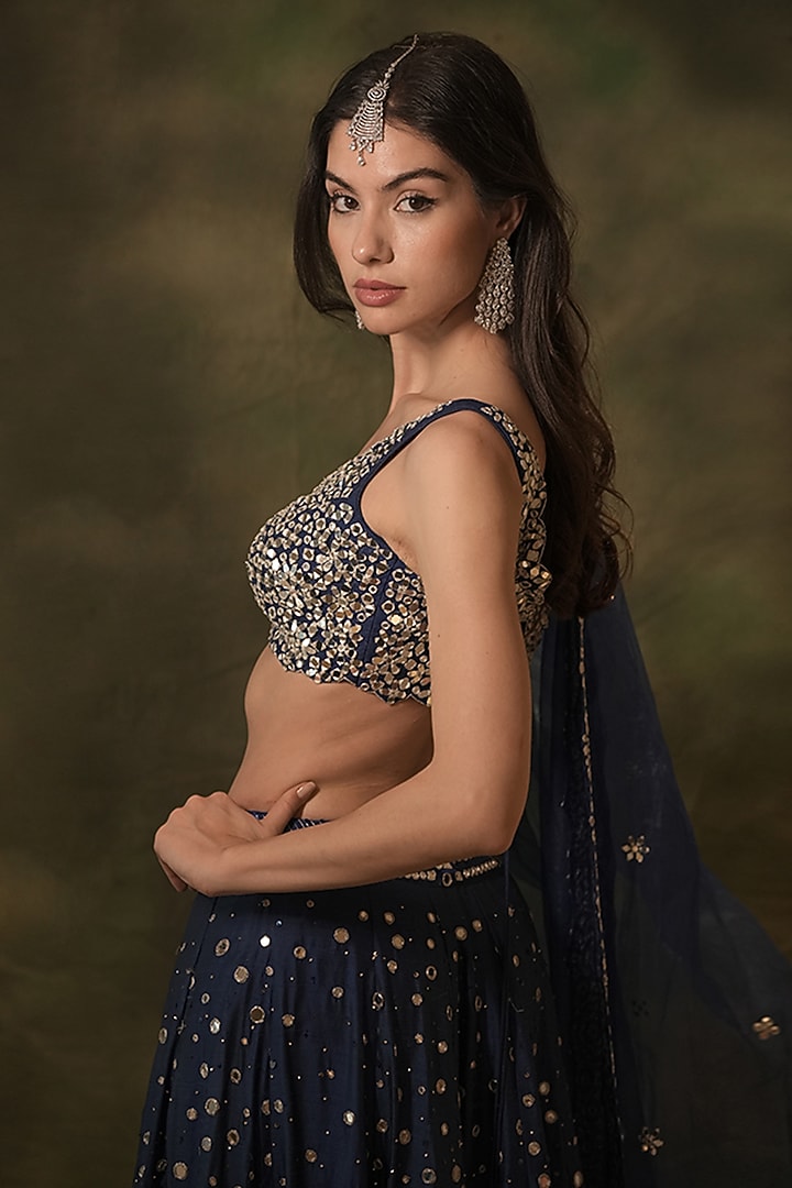 Blue Raw SIlk Mirror Hand Embroidered Bridal Lehenga Set by Archana Kochhar at Pernia's Pop Up Shop