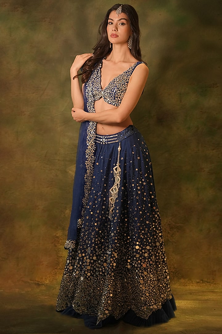 Blue Raw SIlk Mirror Hand Embroidered Bridal Lehenga Set by Archana Kochhar at Pernia's Pop Up Shop