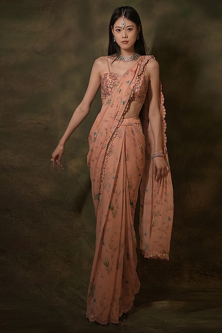 Pink Georgette 3D FLoral Embroidered Pre-Stitched Saree Set by Archana Kochhar at Pernia's Pop Up Shop