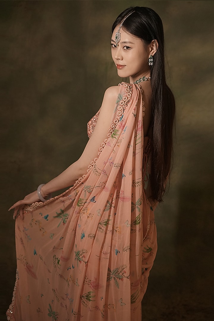 Pink Georgette 3D FLoral Embroidered Pre-Stitched Wedding Saree Set by Archana Kochhar at Pernia's Pop Up Shop