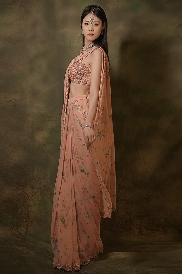 Pink Georgette 3D FLoral Embroidered Pre-Stitched Wedding Saree Set by Archana Kochhar at Pernia's Pop Up Shop