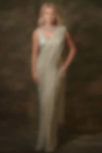 Pastel Green Georgette Mirror Embroidered Pre-Stitched Jacket Wedding Saree Set by Archana Kochhar at Pernia's Pop Up Shop