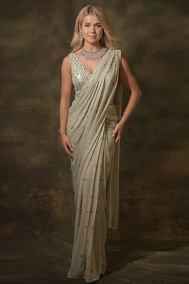 Pastel Green Georgette Mirror Embroidered Pre-Stitched Jacket Wedding Saree Set by Archana Kochhar at Pernia's Pop Up Shop