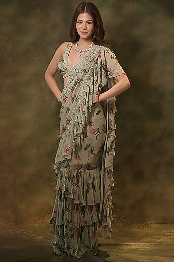 Pastel Green Georgette Floral Sequins Embroidered Ruffled Wedding Saree Set by Archana Kochhar at Pernia's Pop Up Shop