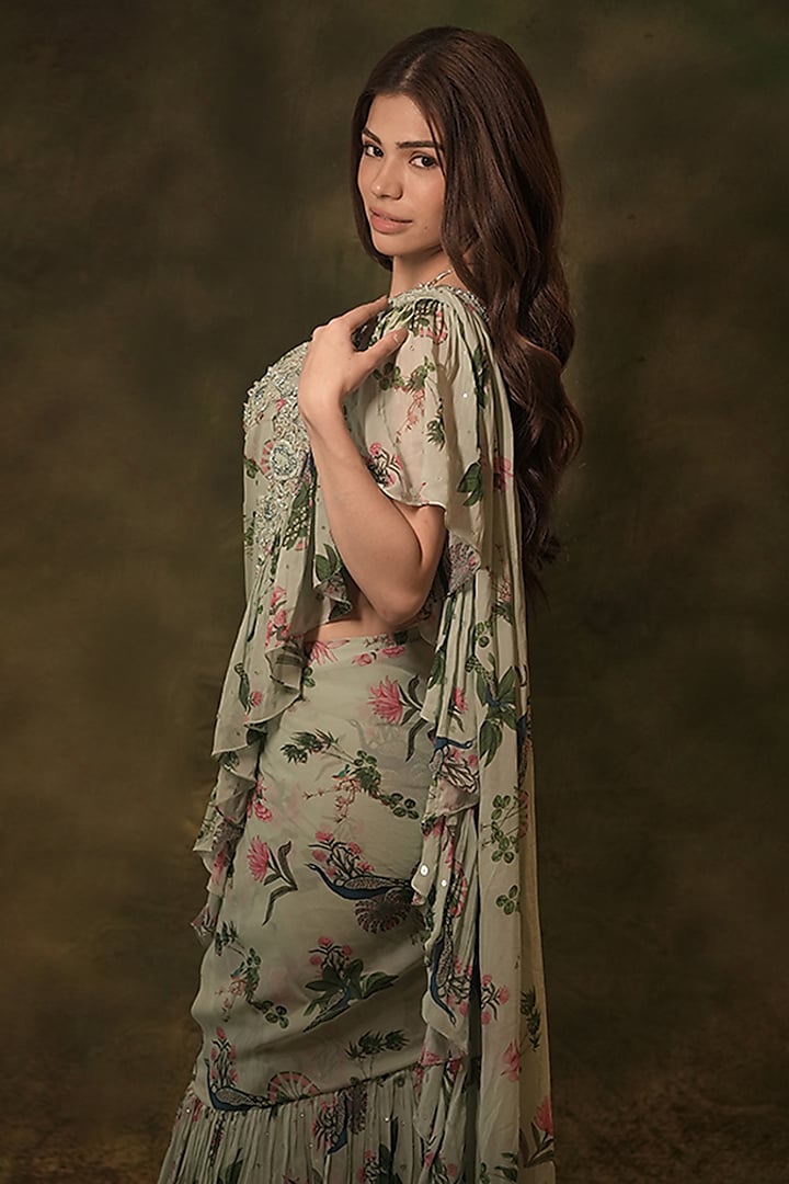 Pastel Green Georgette Floral Sequins Embroidered Ruffled Wedding Saree Set by Archana Kochhar at Pernia's Pop Up Shop