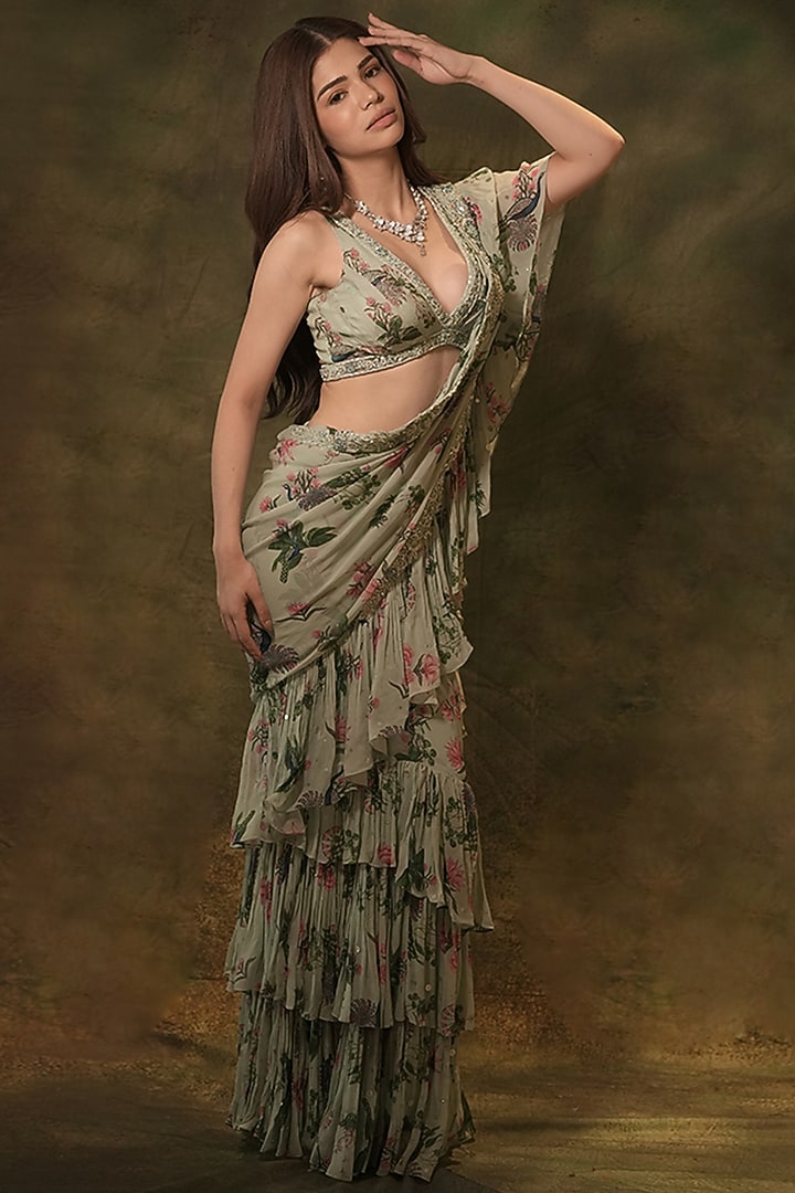 Pastel Green Georgette Floral Sequins Embroidered Ruffled Wedding Saree Set by Archana Kochhar at Pernia's Pop Up Shop