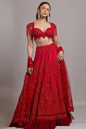 Red French Lace Swarovski Embroidered Bridal Lehenga Set by Archana Kochhar at Pernia's Pop Up Shop