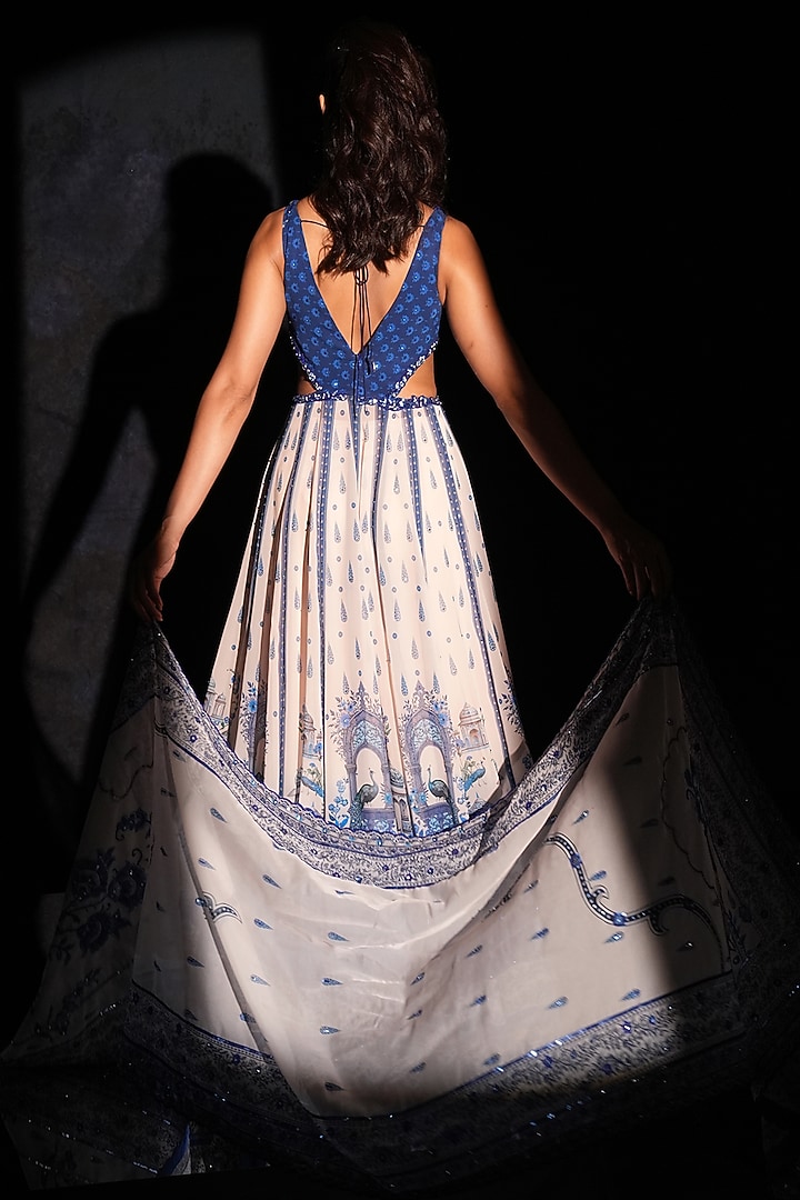 Deep Indigo Blue & White Georgette Embellished Wedding Anarkali Set by Archana Kochhar at Pernia's Pop Up Shop