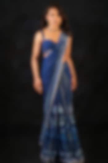 Deep Indigo Blue Georgette Hand Embroidered Wedding Saree Set by Archana Kochhar at Pernia's Pop Up Shop