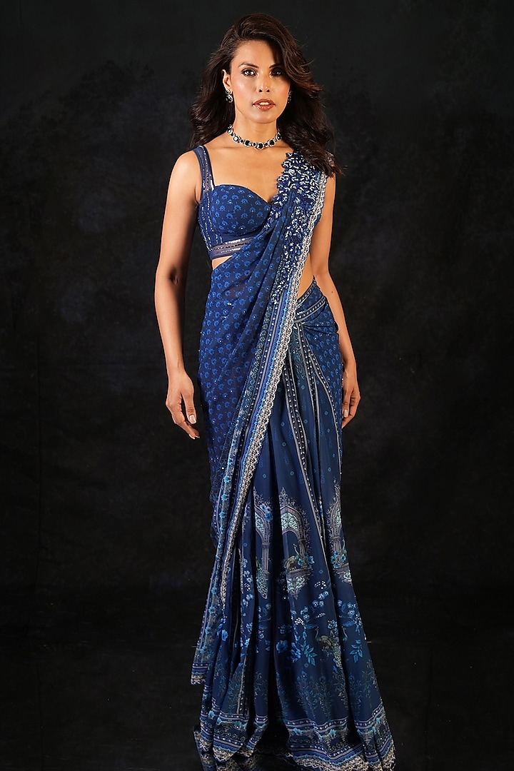 Deep Indigo Blue Georgette Hand Embroidered Wedding Saree Set by Archana Kochhar at Pernia's Pop Up Shop