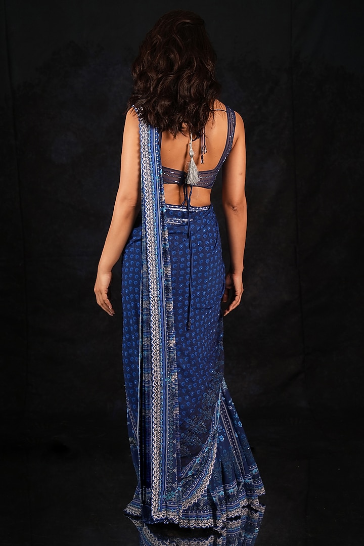 Deep Indigo Blue Georgette Hand Embroidered Wedding Saree Set by Archana Kochhar at Pernia's Pop Up Shop