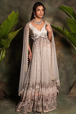 Ivory Georgette Mirror Embellished Anarkali Set by Archana Kochhar