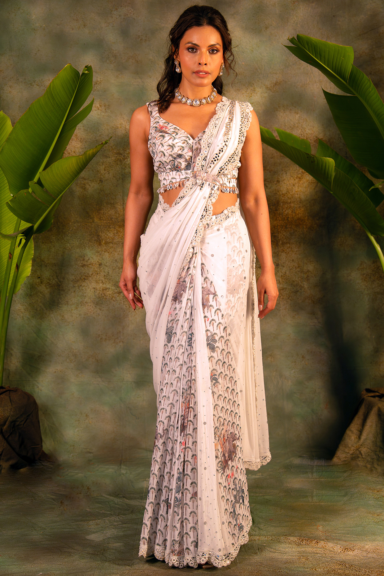 Ivory Georgette Mirror Motif Embroidered Wedding Saree Set by Archana Kochhar at Pernia's Pop Up Shop