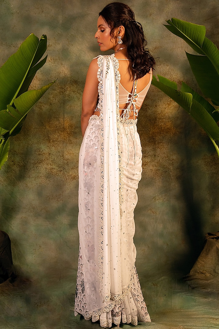 Ivory Georgette Mirror Motif Embroidered Wedding Saree Set by Archana Kochhar at Pernia's Pop Up Shop
