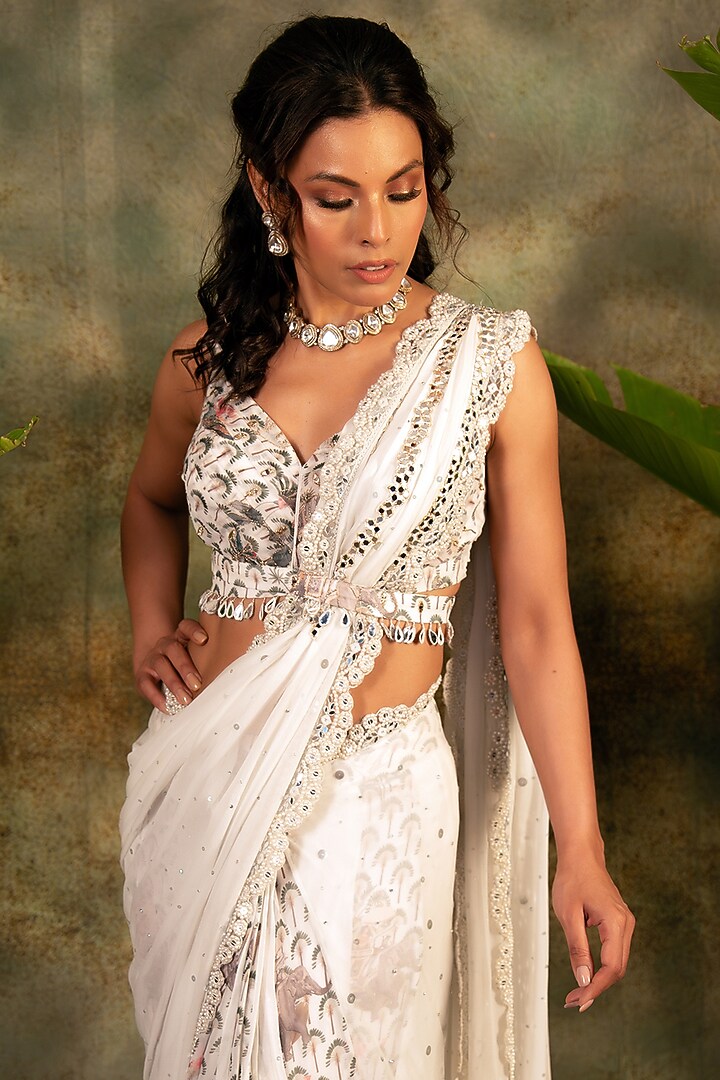 Ivory Georgette Mirror Motif Embroidered Wedding Saree Set by Archana Kochhar at Pernia's Pop Up Shop