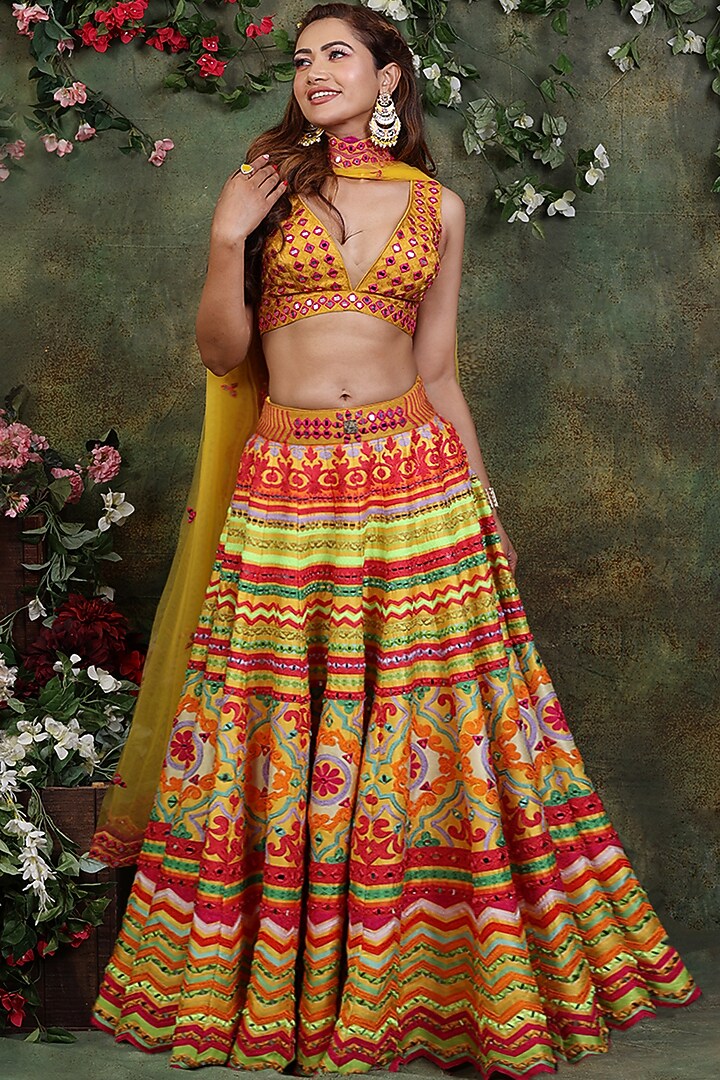 Mustard Raw Silk Embroidered Wedding Lehenga Set by Archana Kochhar at Pernia's Pop Up Shop