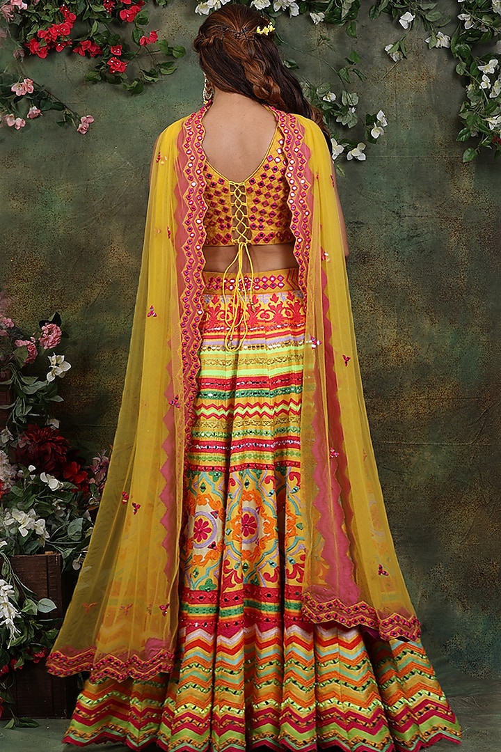 Mustard Raw Silk Embroidered Wedding Lehenga Set by Archana Kochhar at Pernia's Pop Up Shop