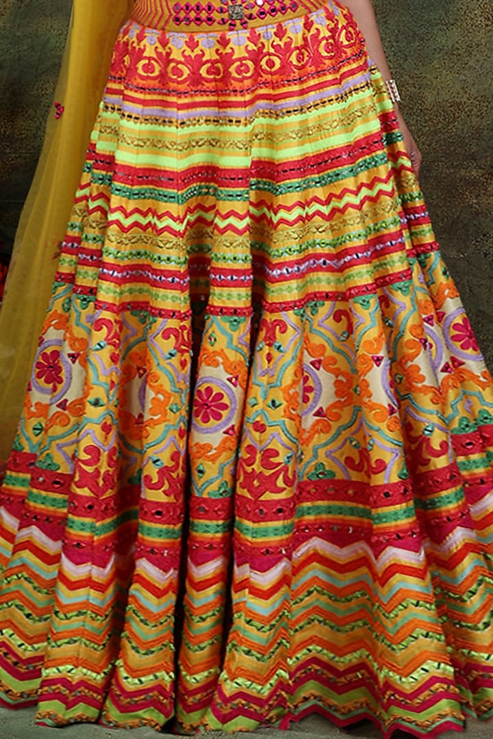 Mustard Raw Silk Embroidered Wedding Lehenga Set by Archana Kochhar at Pernia's Pop Up Shop