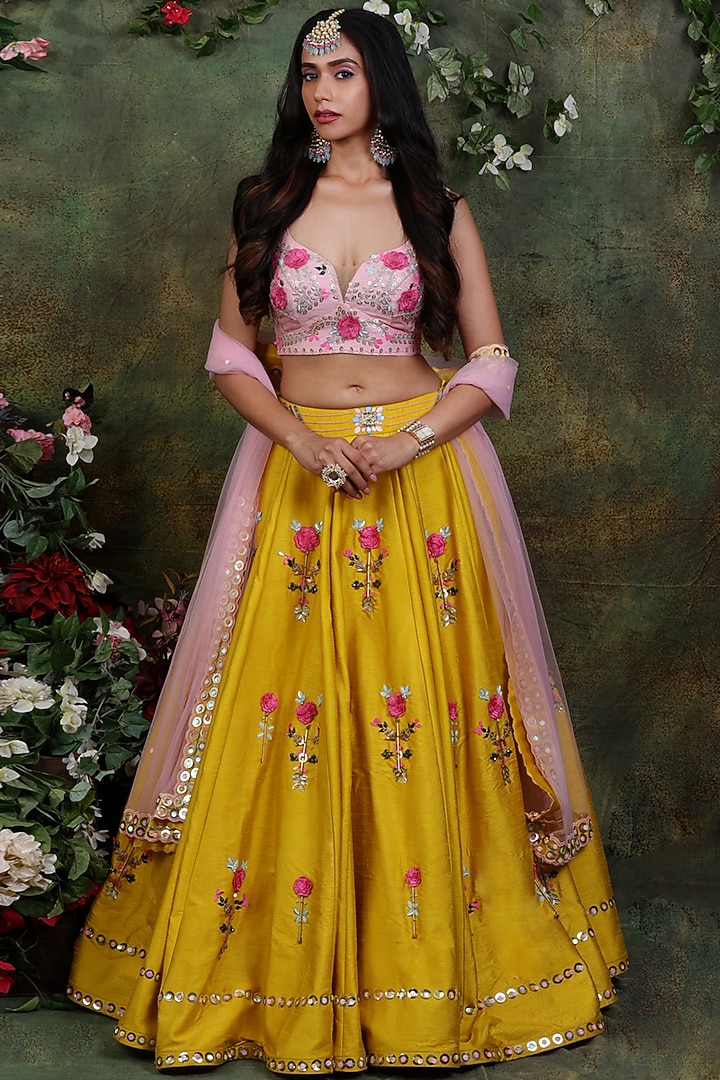 Mustard Silk Embroidered Wedding Lehenga Set by Archana Kochhar at Pernia's Pop Up Shop