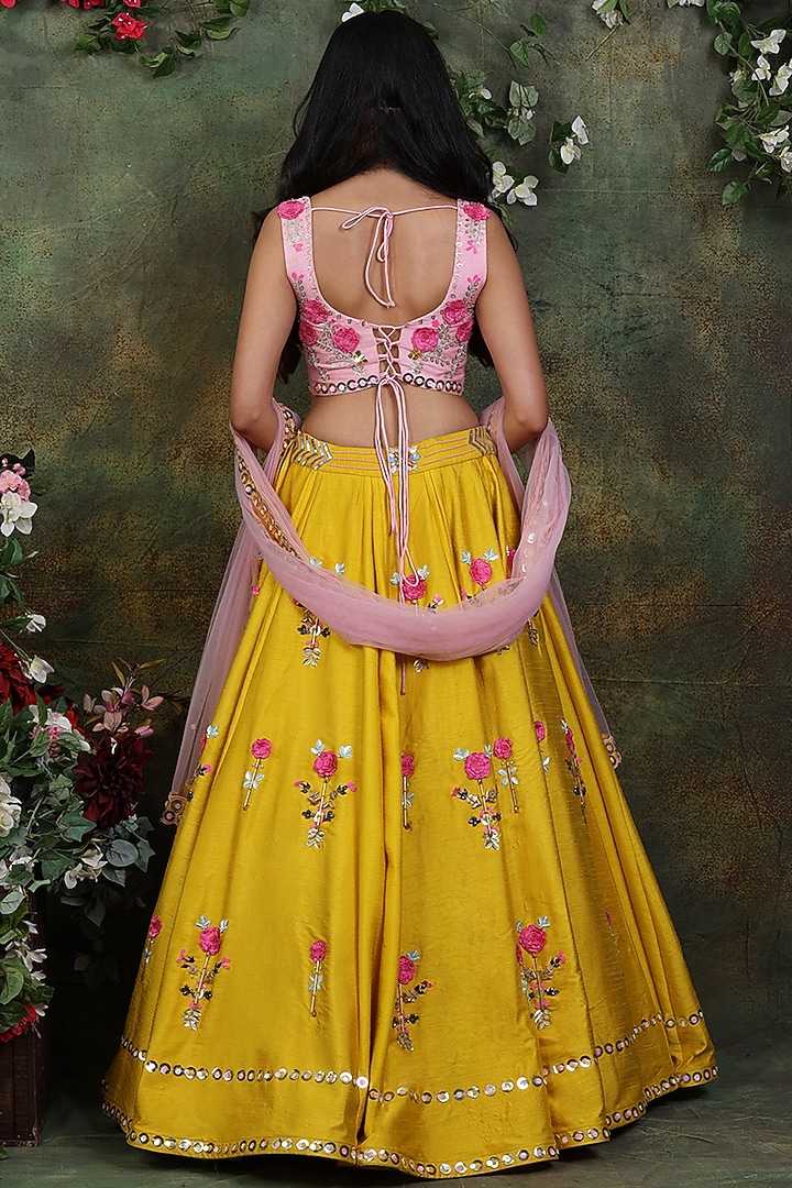 Mustard Silk Embroidered Wedding Lehenga Set by Archana Kochhar at Pernia's Pop Up Shop