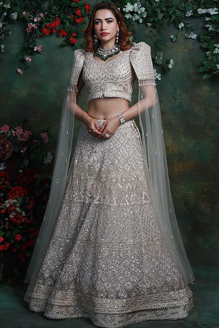 Beige Embroidered Bridal Lehenga Set by Archana Kochhar at Pernia's Pop Up Shop
