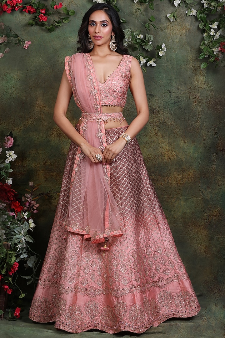 Salmon Pink Silk Embroidered Wedding Lehenga Set by Archana Kochhar at Pernia's Pop Up Shop