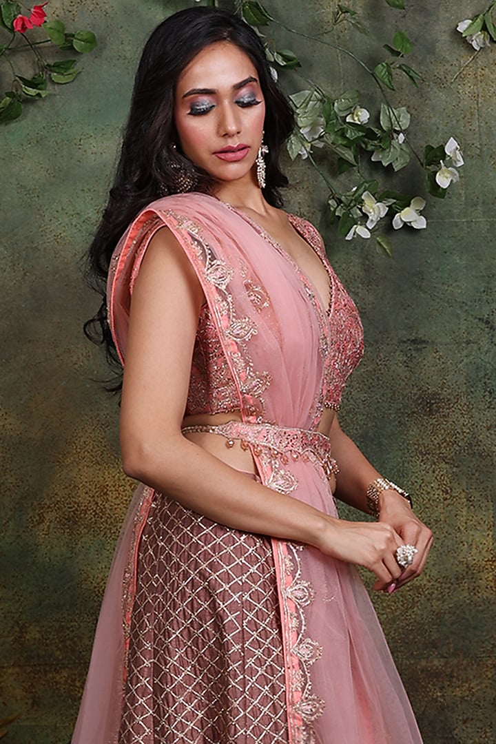 Salmon Pink Silk Embroidered Wedding Lehenga Set by Archana Kochhar at Pernia's Pop Up Shop