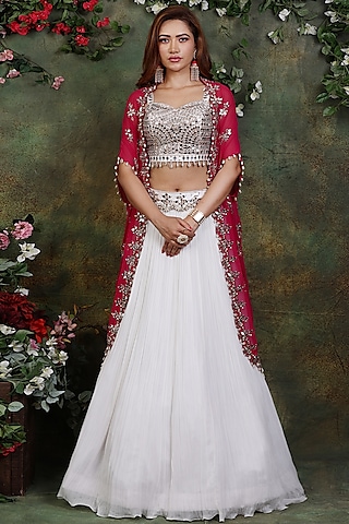 Ivory & Pink Georgette Embroidered Jacket Lehenga Set by Archana Kochhar