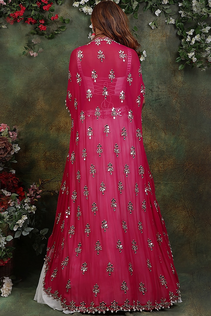 Ivory & Pink Georgette Embroidered Jacket Wedding Lehenga Set by Archana Kochhar at Pernia's Pop Up Shop