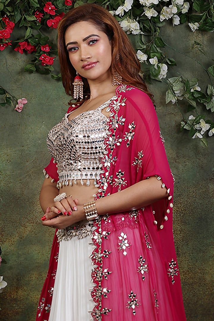 Ivory & Pink Georgette Embroidered Jacket Wedding Lehenga Set by Archana Kochhar at Pernia's Pop Up Shop