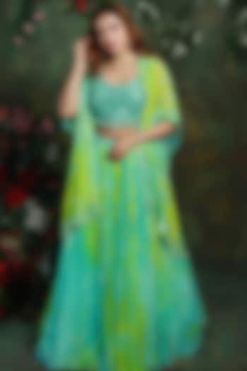 Light Blue & Green Georgette Tie-Dye Printed Jacket Wedding Lehenga Set by Archana Kochhar at Pernia's Pop Up Shop
