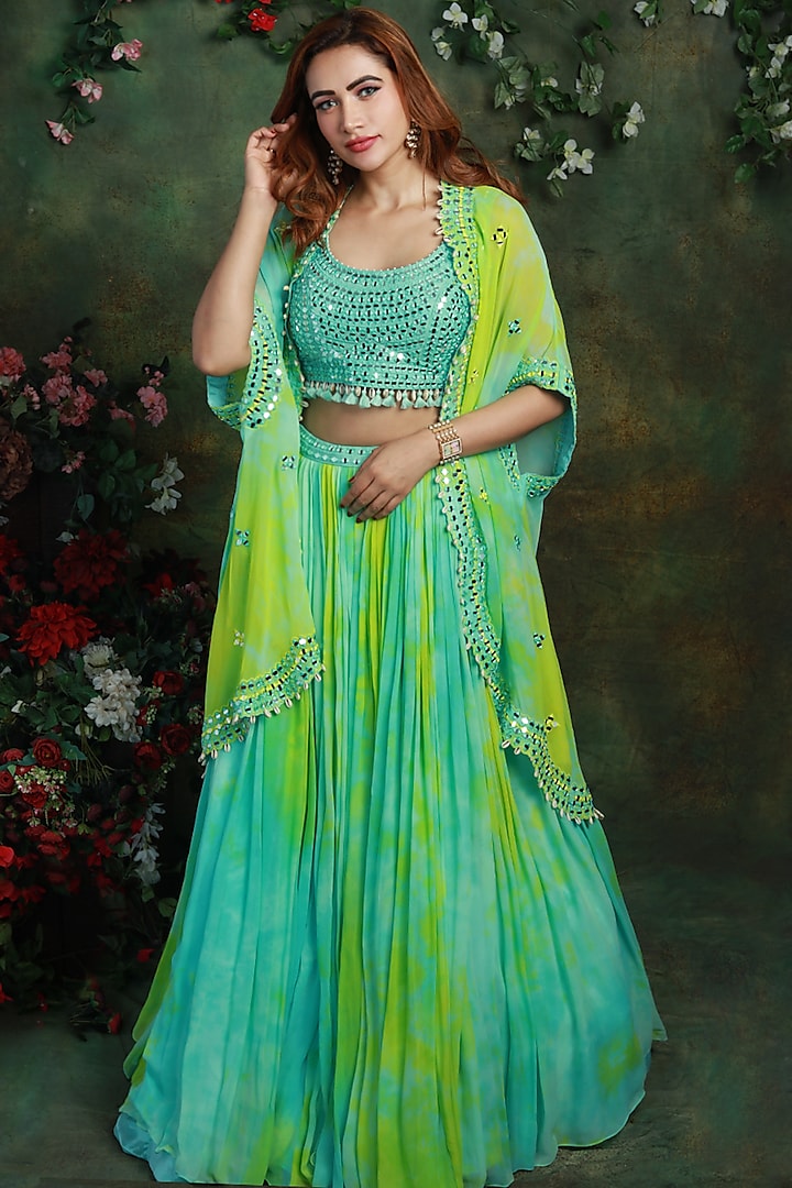 Light Blue & Green Georgette Tie-Dye Printed Jacket Wedding Lehenga Set by Archana Kochhar at Pernia's Pop Up Shop