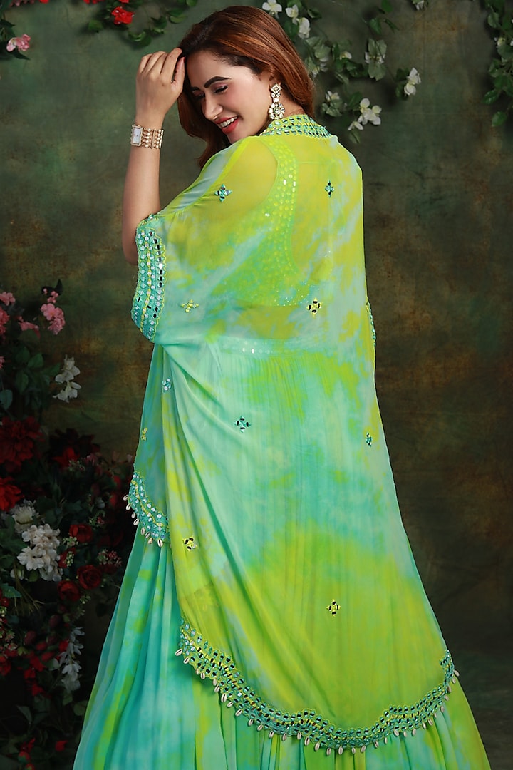 Light Blue & Green Georgette Tie-Dye Printed Jacket Wedding Lehenga Set by Archana Kochhar at Pernia's Pop Up Shop