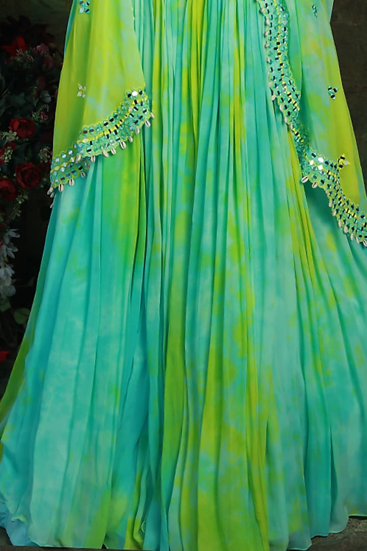 Light Blue & Green Georgette Tie-Dye Printed Jacket Wedding Lehenga Set by Archana Kochhar at Pernia's Pop Up Shop