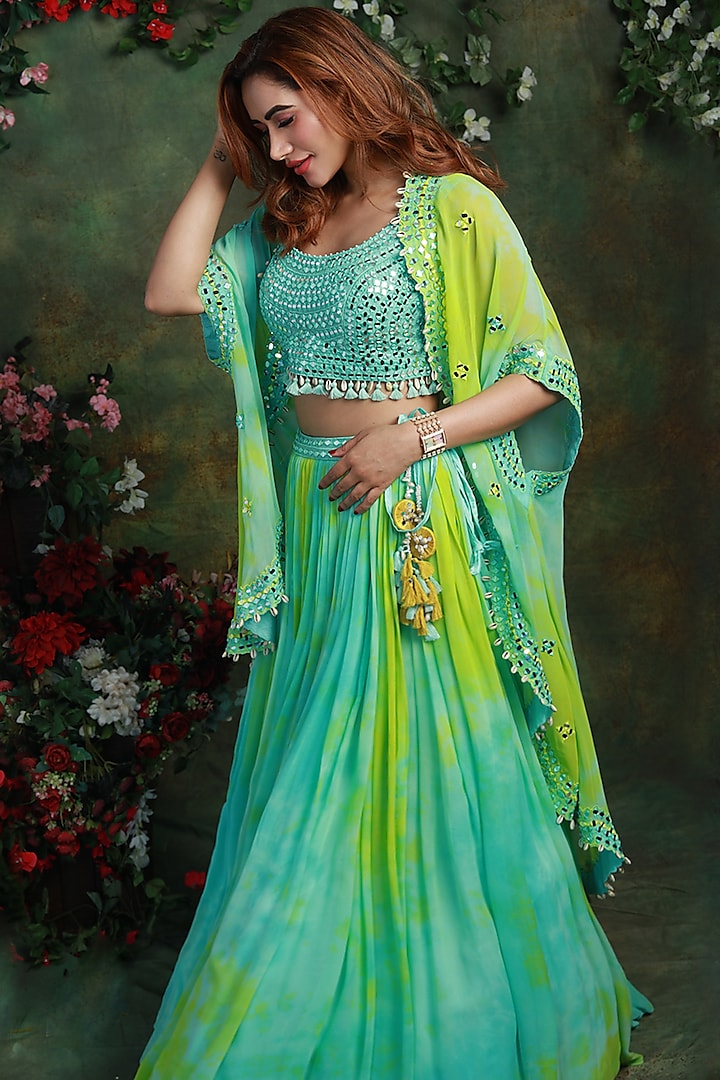 Light Blue & Green Georgette Tie-Dye Printed Jacket Wedding Lehenga Set by Archana Kochhar at Pernia's Pop Up Shop